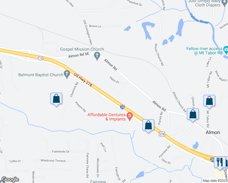 map of restaurants, bars, coffee shops, grocery stores, and more near 135 Providence Parkway in Covington