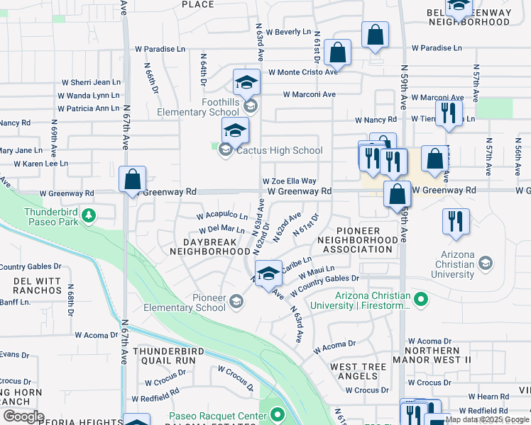 map of restaurants, bars, coffee shops, grocery stores, and more near 15284 North 62nd Drive in Glendale