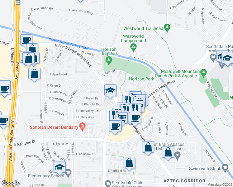 map of restaurants, bars, coffee shops, grocery stores, and more near 15151 North Frank Lloyd Wright Boulevard in Scottsdale