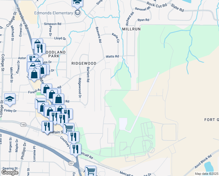 map of restaurants, bars, coffee shops, grocery stores, and more near 4608 Treasure Court in Forest Park