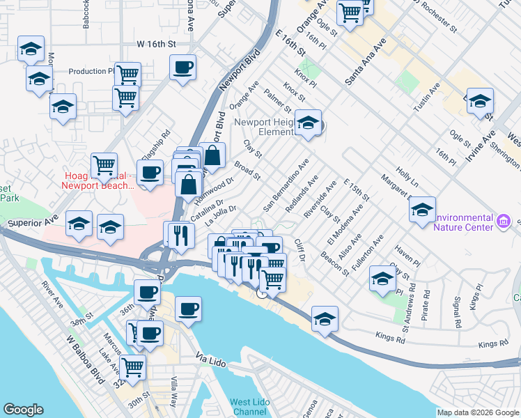 map of restaurants, bars, coffee shops, grocery stores, and more near 415 San Bernardino Avenue in Newport Beach