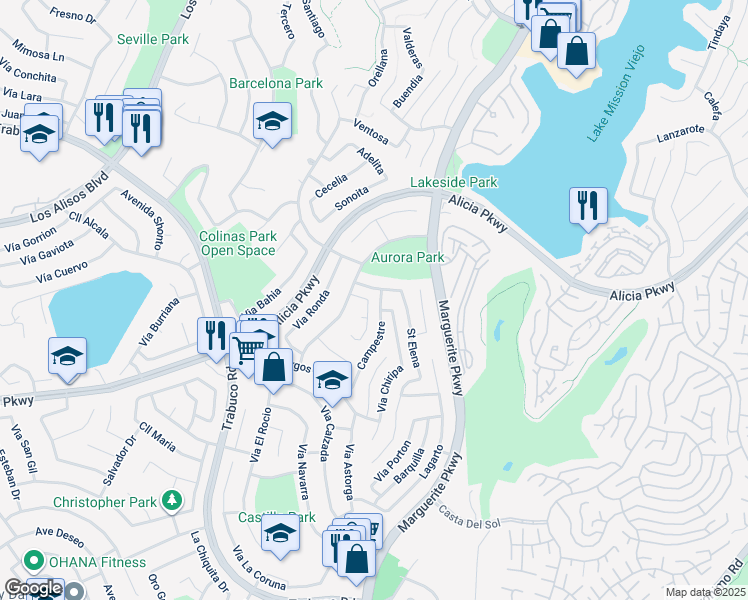 map of restaurants, bars, coffee shops, grocery stores, and more near 23346 Ancia Lane in Mission Viejo