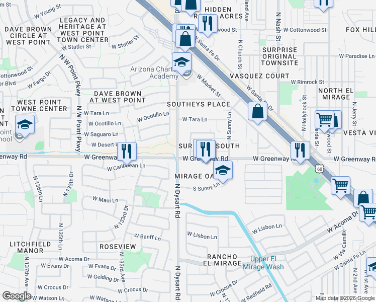 map of restaurants, bars, coffee shops, grocery stores, and more near 13036 Sahuaro Lane in Surprise
