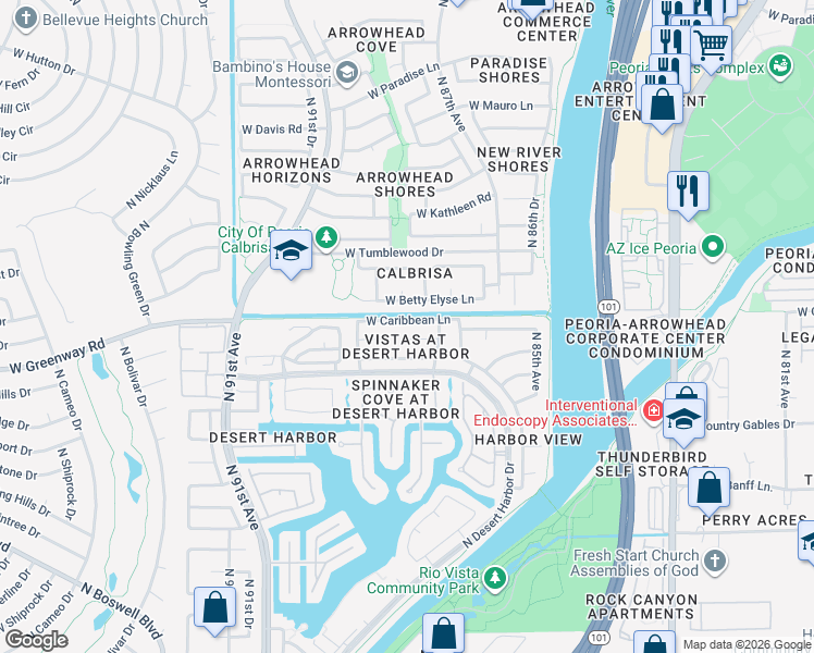 map of restaurants, bars, coffee shops, grocery stores, and more near 8771 West Caribbean Lane in Peoria