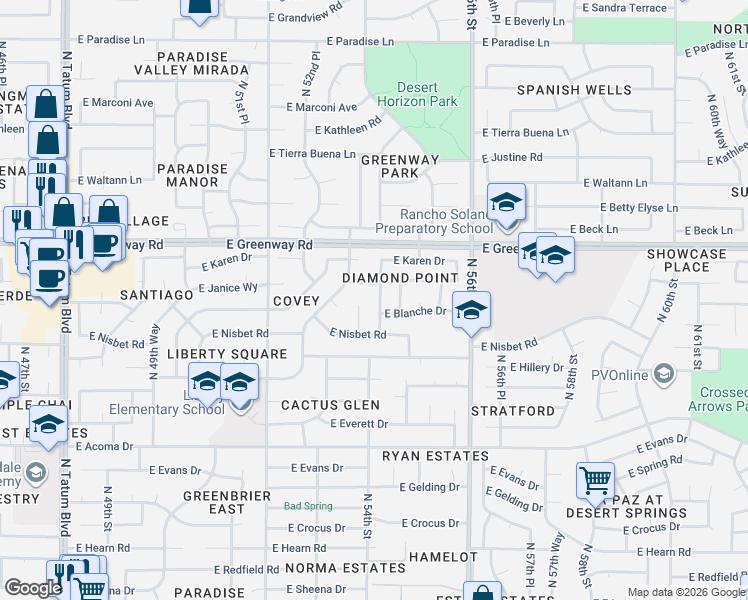 map of restaurants, bars, coffee shops, grocery stores, and more near 15044 North 54th Place in Scottsdale