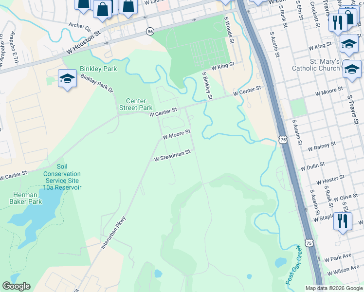 map of restaurants, bars, coffee shops, grocery stores, and more near 1201 West Steadman Street in Sherman