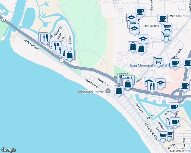 map of restaurants, bars, coffee shops, grocery stores, and more near 5300 River Avenue in Newport Beach