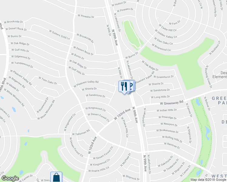 map of restaurants, bars, coffee shops, grocery stores, and more near 9902 West Shasta Drive in Sun City