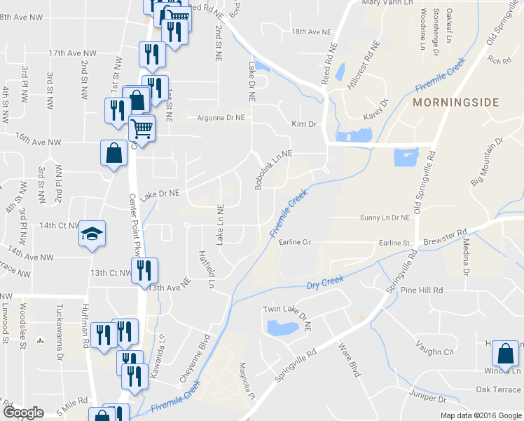 map of restaurants, bars, coffee shops, grocery stores, and more near 1509 Bobolink Lane Northeast in Center Point