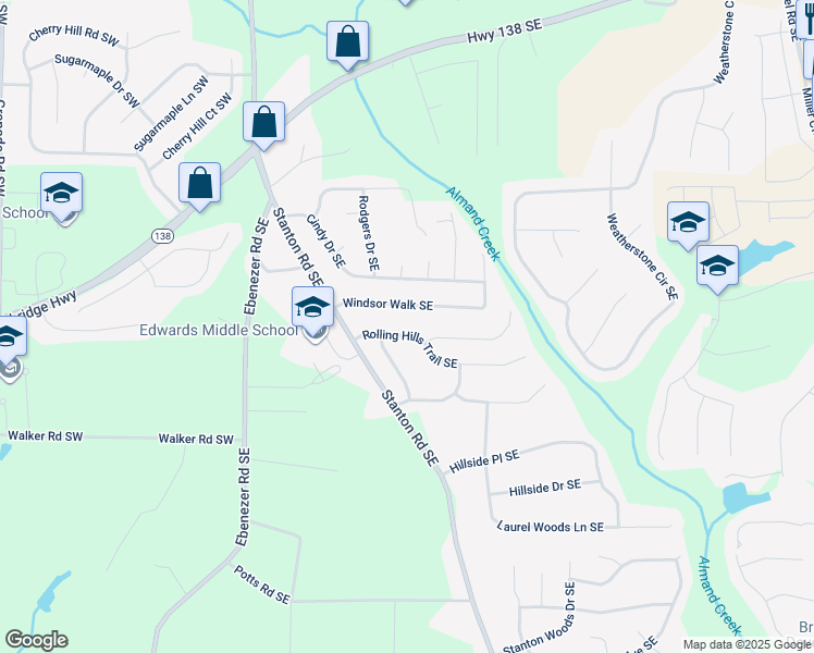 map of restaurants, bars, coffee shops, grocery stores, and more near 1660 Rolling Hills Trail Southeast in Conyers