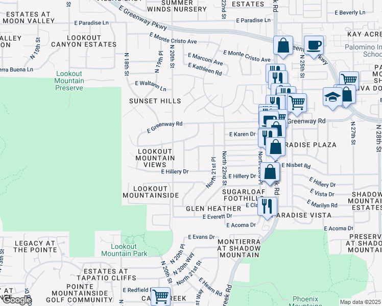 map of restaurants, bars, coffee shops, grocery stores, and more near 2033 East Janice Way in Phoenix