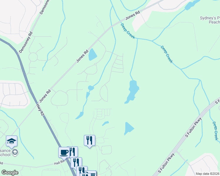 map of restaurants, bars, coffee shops, grocery stores, and more near 4695 Derby Loop in Fairburn