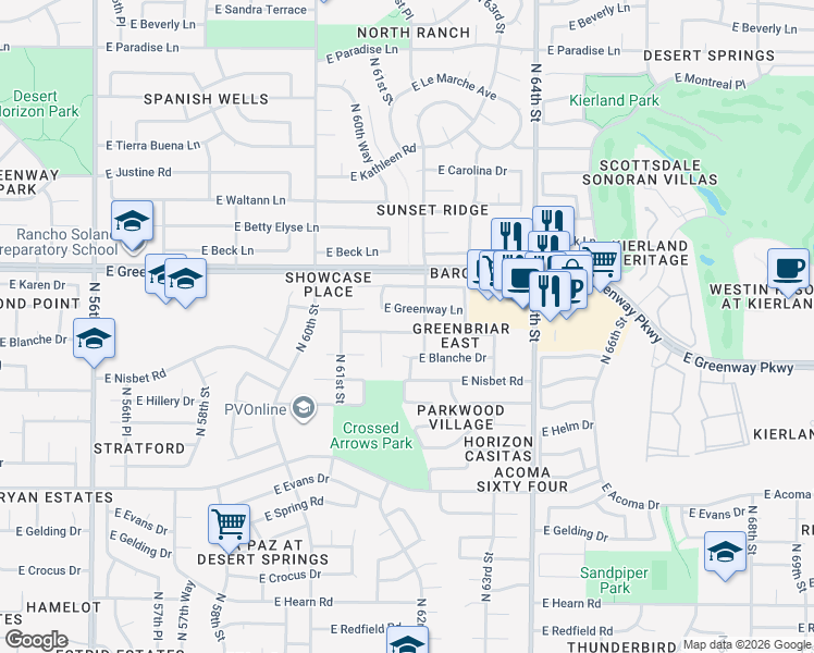 map of restaurants, bars, coffee shops, grocery stores, and more near 6164 East Janice Way in Scottsdale