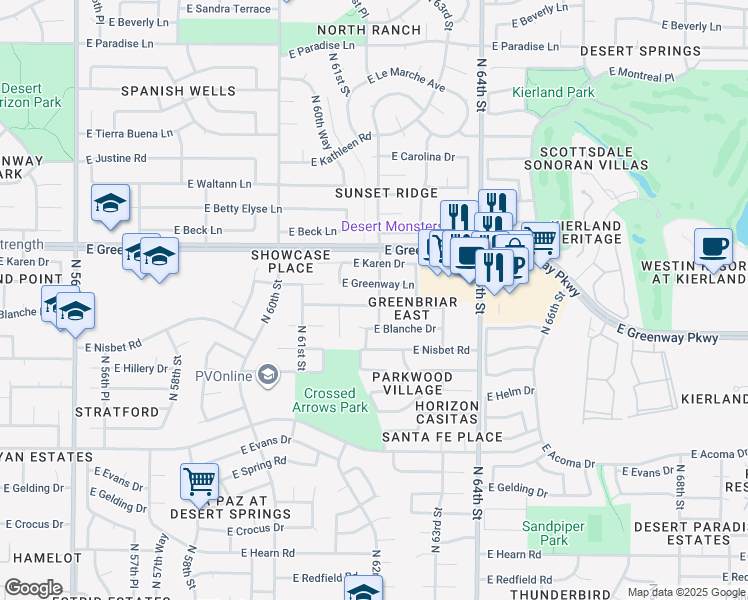map of restaurants, bars, coffee shops, grocery stores, and more near 6164 East Janice Way in Scottsdale