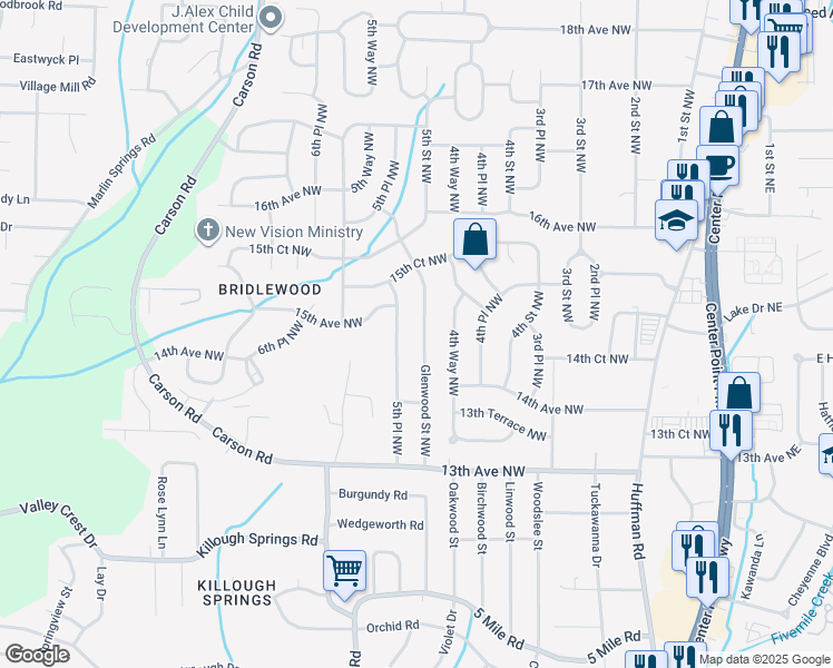 map of restaurants, bars, coffee shops, grocery stores, and more near 1500 Glenwood Street Northwest in Center Point