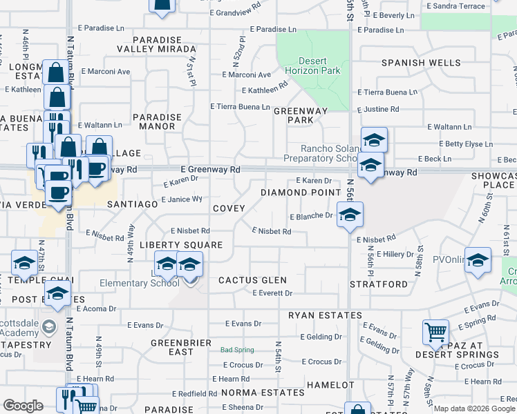 map of restaurants, bars, coffee shops, grocery stores, and more near 5302 East Blanche Drive in Scottsdale