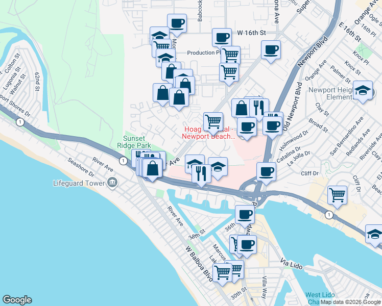map of restaurants, bars, coffee shops, grocery stores, and more near 220 Nice Lane in Newport Beach