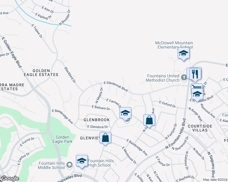 map of restaurants, bars, coffee shops, grocery stores, and more near 15222 North Palmetto Lane in Fountain Hills