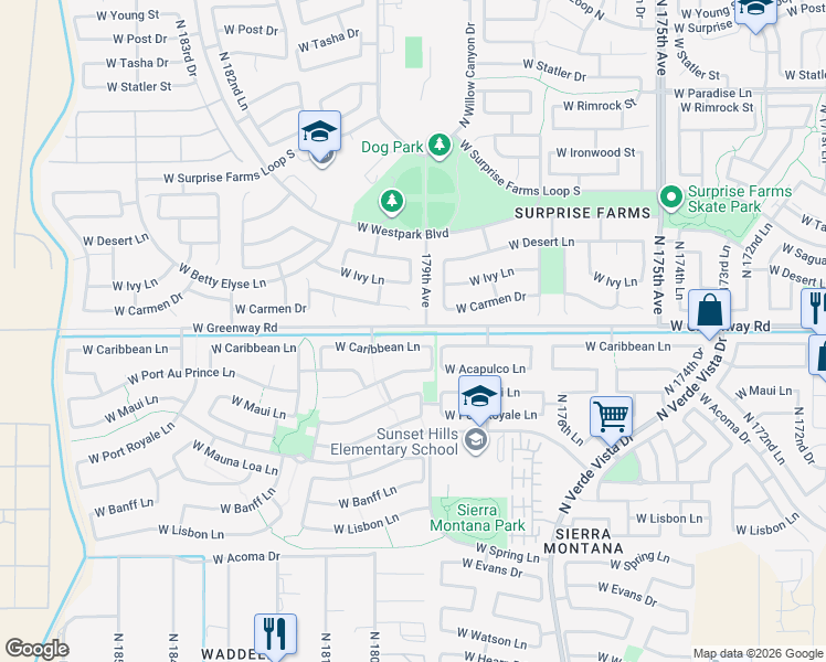 map of restaurants, bars, coffee shops, grocery stores, and more near 17900 West Maui Lane in Surprise