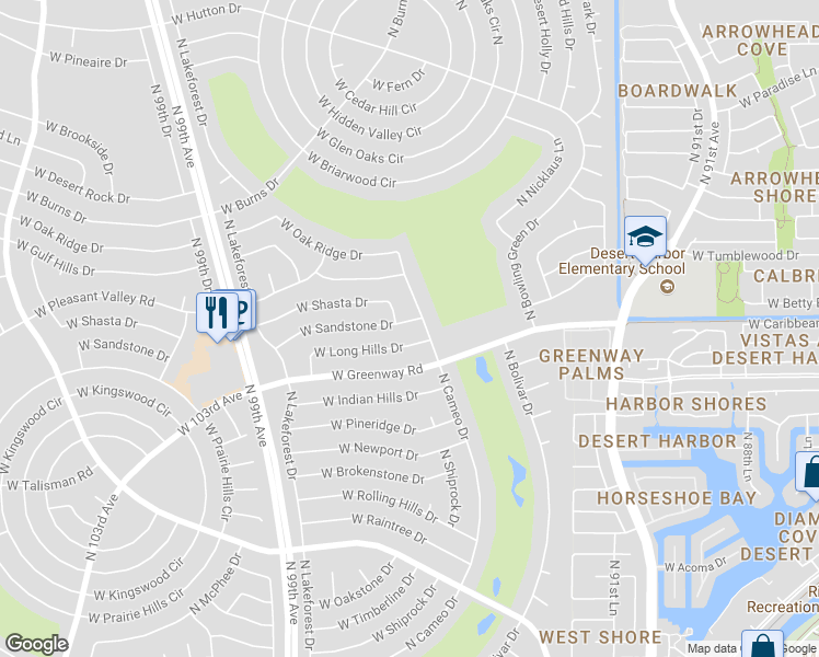 map of restaurants, bars, coffee shops, grocery stores, and more near 9413 West Sandstone Drive in Sun City