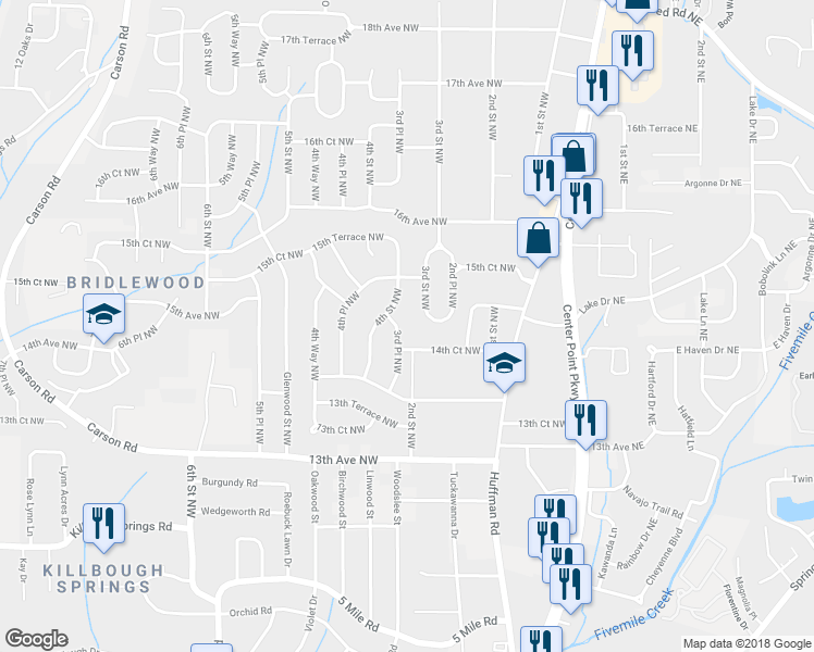 map of restaurants, bars, coffee shops, grocery stores, and more near 1433 3rd Place Northwest in Center Point