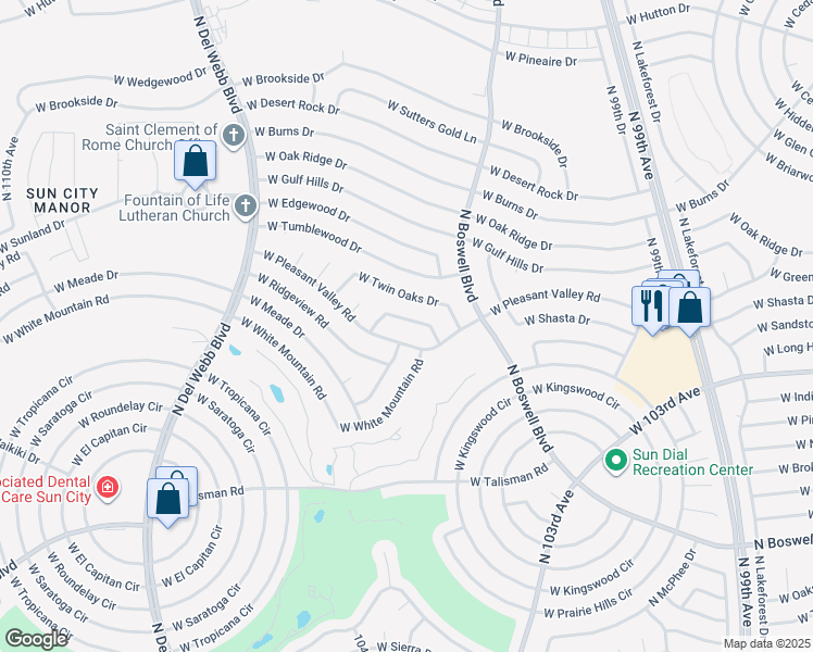 map of restaurants, bars, coffee shops, grocery stores, and more near 10239 West Charter Oak Drive in Sun City