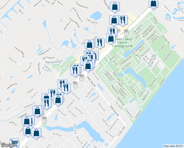 map of restaurants, bars, coffee shops, grocery stores, and more near 819 17th Avenue North in Surfside Beach