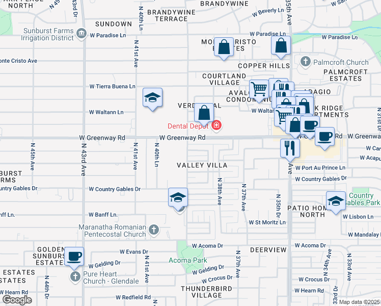 map of restaurants, bars, coffee shops, grocery stores, and more near 3861 West Caribbean Lane in Phoenix