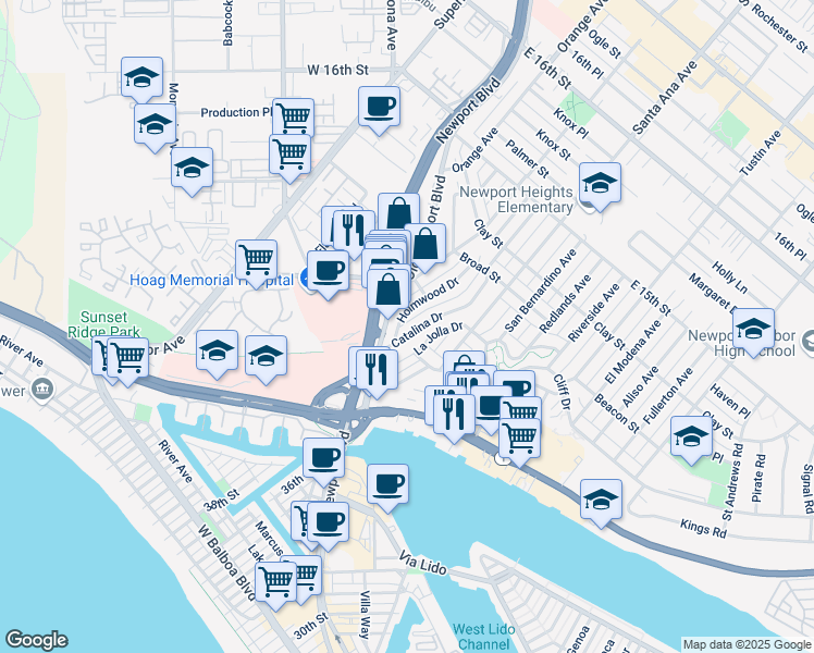 map of restaurants, bars, coffee shops, grocery stores, and more near 307 Catalina Drive in Newport Beach