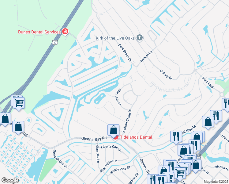 map of restaurants, bars, coffee shops, grocery stores, and more near 1633 Montclair Drive in Myrtle Beach