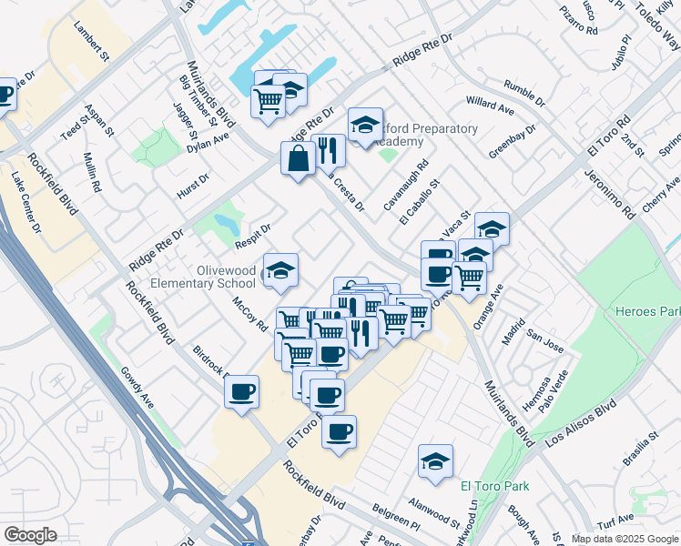map of restaurants, bars, coffee shops, grocery stores, and more near 23282 Cavanaugh Road in Lake Forest