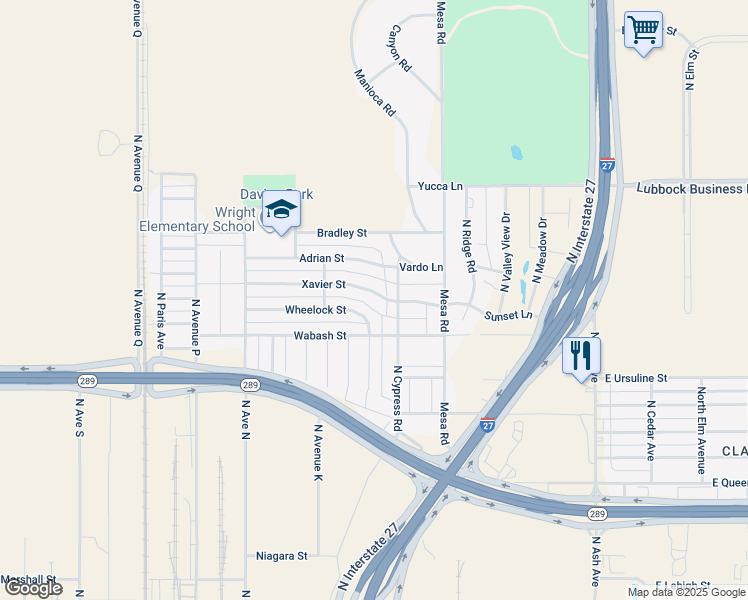 map of restaurants, bars, coffee shops, grocery stores, and more near 909 Xavier Street in Lubbock