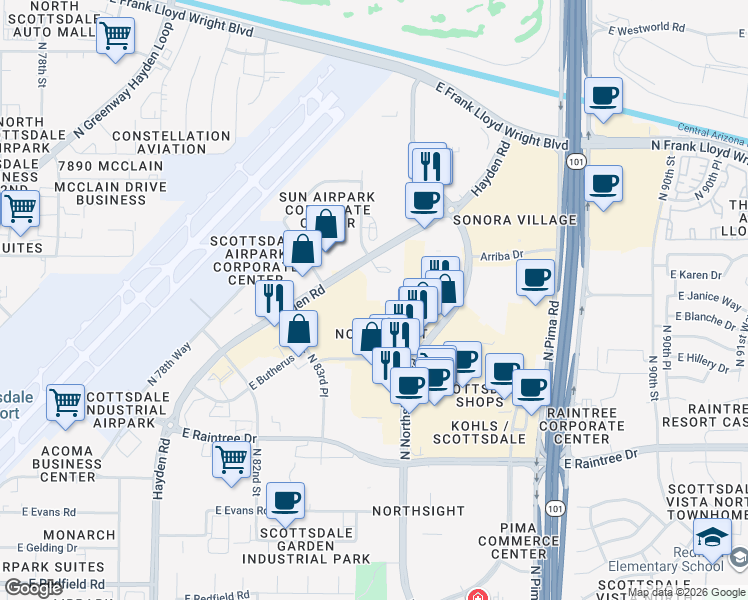 map of restaurants, bars, coffee shops, grocery stores, and more near 15333 North Hayden Road in Scottsdale