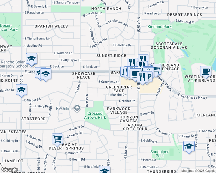 map of restaurants, bars, coffee shops, grocery stores, and more near 6164 East Janice Way in Scottsdale