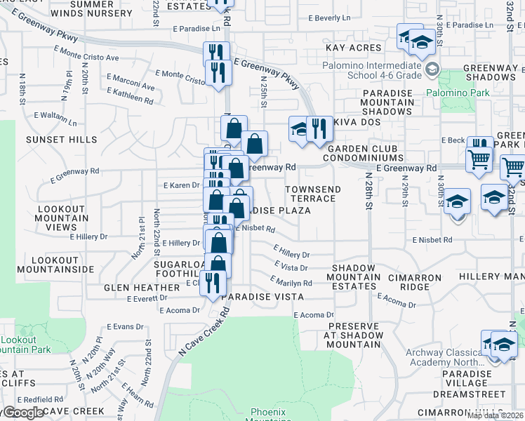 map of restaurants, bars, coffee shops, grocery stores, and more near 2440 East Blanche Drive in Phoenix