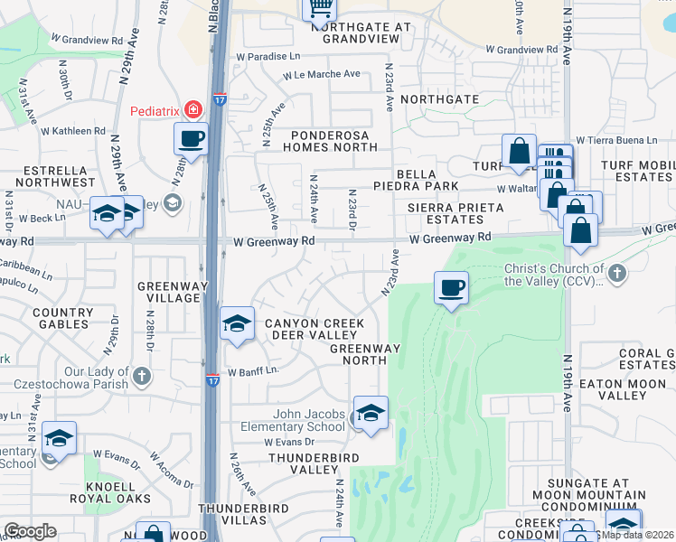 map of restaurants, bars, coffee shops, grocery stores, and more near 2416 West Caribbean Lane in Phoenix