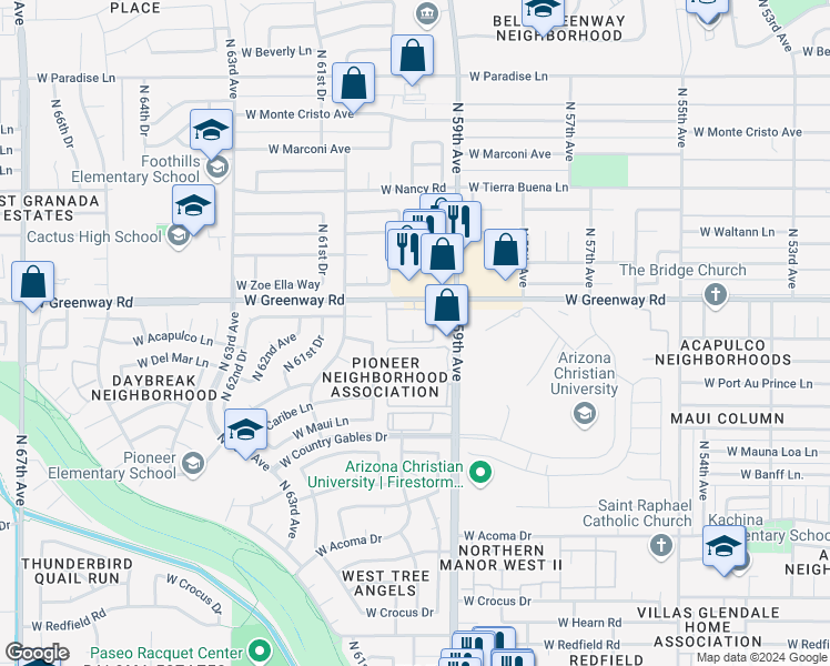 map of restaurants, bars, coffee shops, grocery stores, and more near 5959 West Greenway Road in Glendale