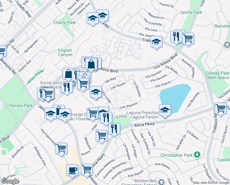 map of restaurants, bars, coffee shops, grocery stores, and more near 26162 La Real in Mission Viejo