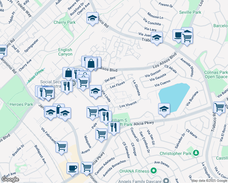 map of restaurants, bars, coffee shops, grocery stores, and more near 23301 La Crescenta in Mission Viejo
