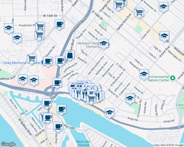 map of restaurants, bars, coffee shops, grocery stores, and more near 414 San Bernardino Avenue in Newport Beach