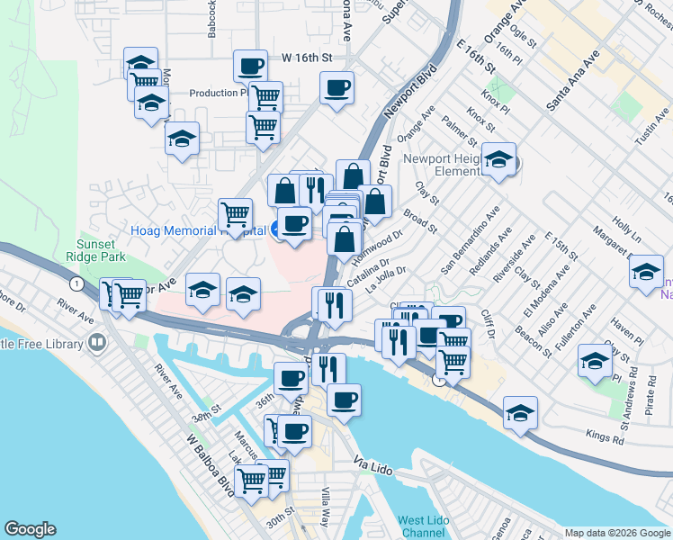 map of restaurants, bars, coffee shops, grocery stores, and more near in Newport Beach
