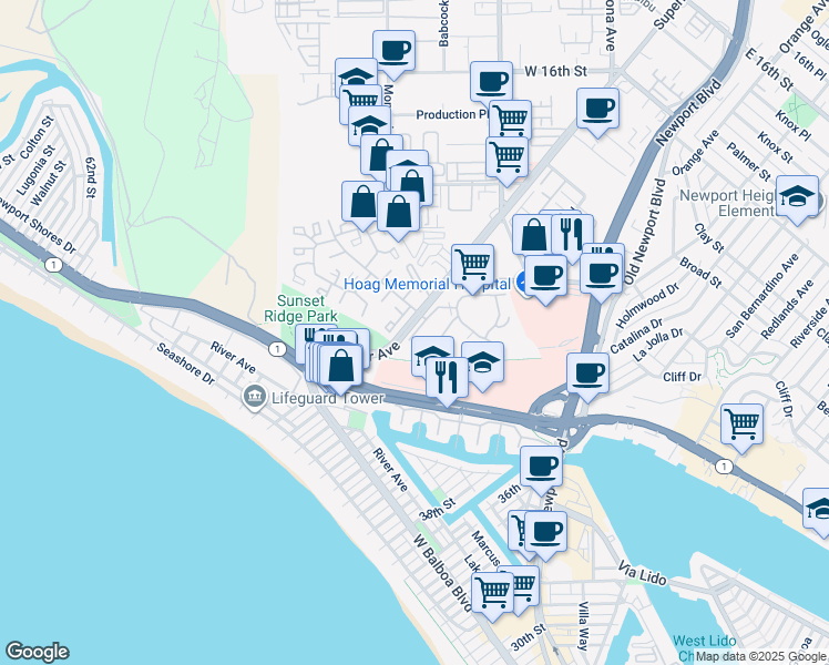 map of restaurants, bars, coffee shops, grocery stores, and more near 220 Nice Lane in Newport Beach