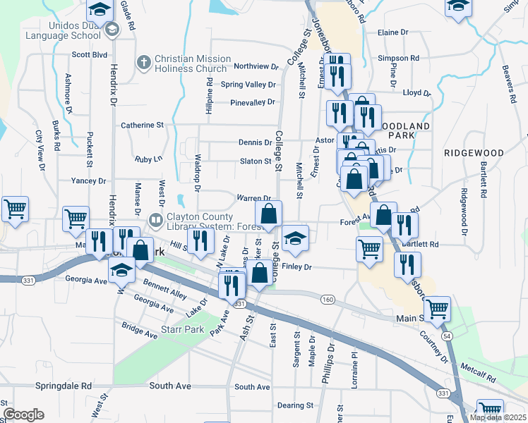 map of restaurants, bars, coffee shops, grocery stores, and more near 4777 College Street in Forest Park