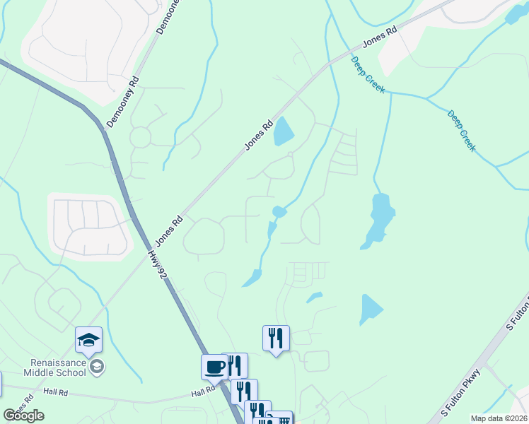 map of restaurants, bars, coffee shops, grocery stores, and more near 6876 Wildboar Drive in Fairburn