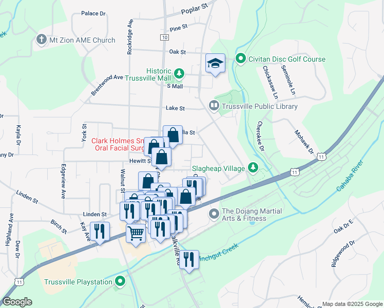 map of restaurants, bars, coffee shops, grocery stores, and more near 212 Penny Lane in Trussville