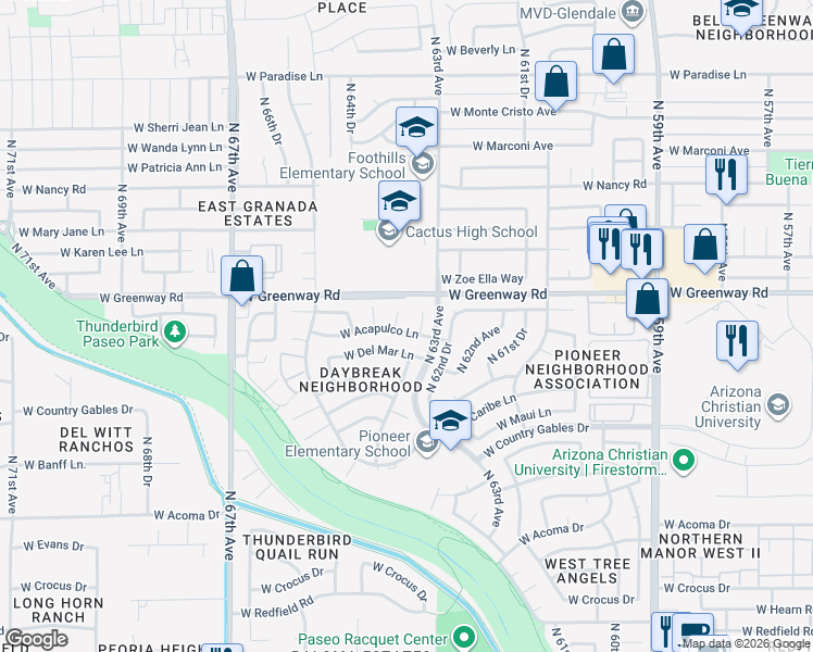 map of restaurants, bars, coffee shops, grocery stores, and more near 6328 West Acapulco Lane in Glendale