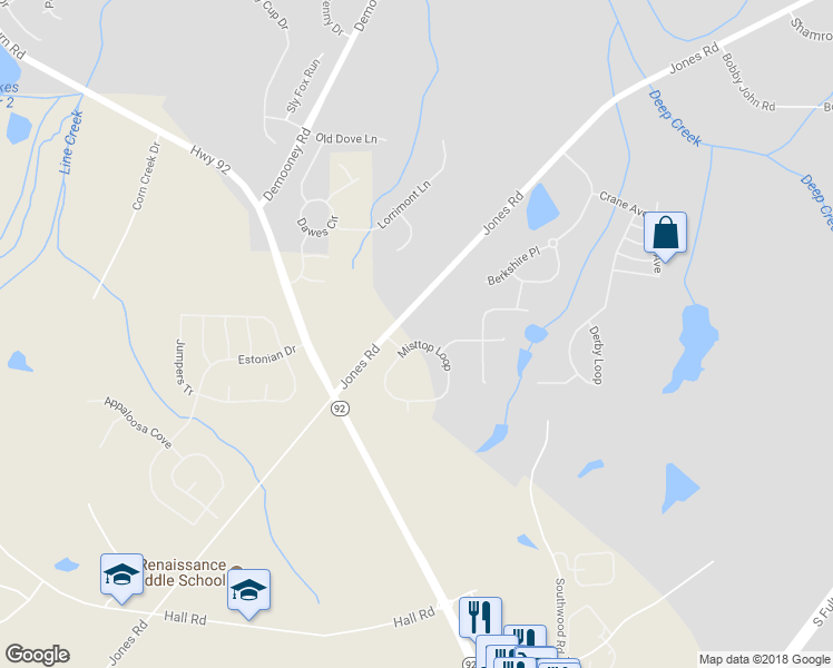 map of restaurants, bars, coffee shops, grocery stores, and more near 6911 Misttop Loop in Fairburn