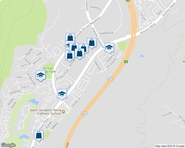map of restaurants, bars, coffee shops, grocery stores, and more near 24 Vía Pelayo in Rancho Santa Margarita
