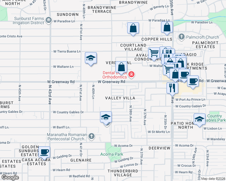 map of restaurants, bars, coffee shops, grocery stores, and more near 3861 West Caribbean Lane in Phoenix