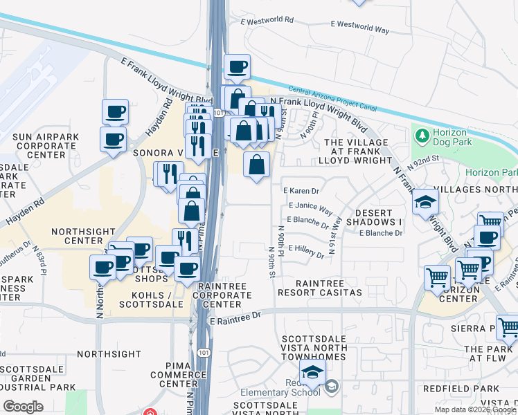 map of restaurants, bars, coffee shops, grocery stores, and more near 15100 North 90th Street in Scottsdale